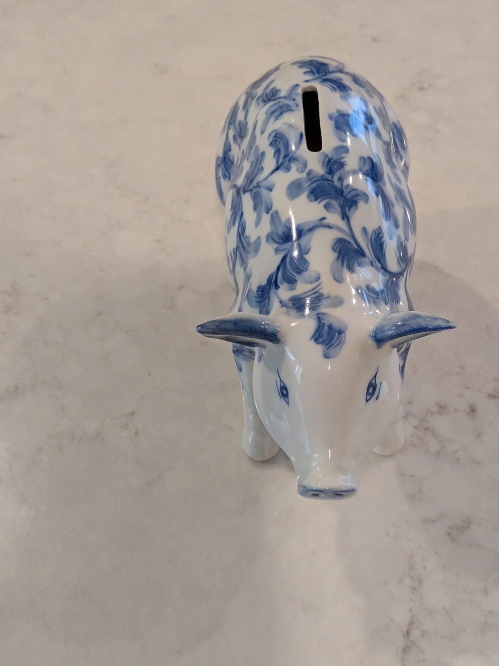 Vintage 1990s Andrea By Sadek Blue and White Flora Porcelain Piggy Bank